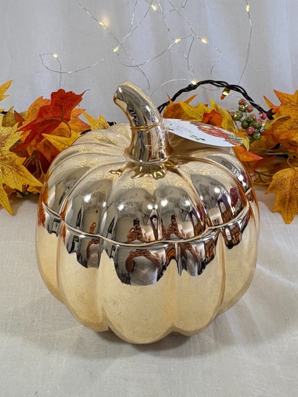Thanksgiving Gold Metallic Ceramic Lidded Pumpkin Cookie Storage Jar Tureen